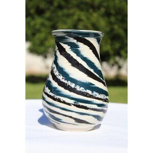 Ceramic Porcelain Marbled Blue and Black Vase Art Studio Pottery Signed